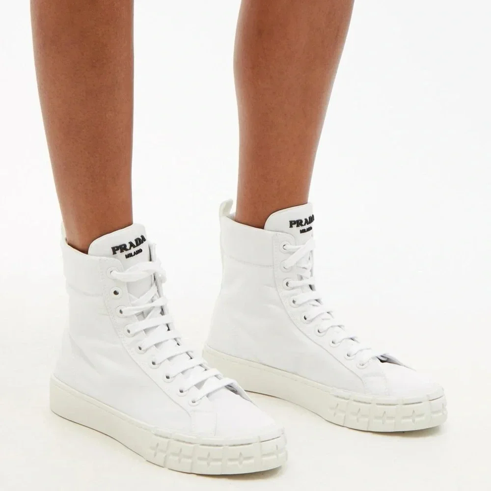 Authentic Prada Wheel Zipped-Pouch High Top Re-Nylon Trainers in White
